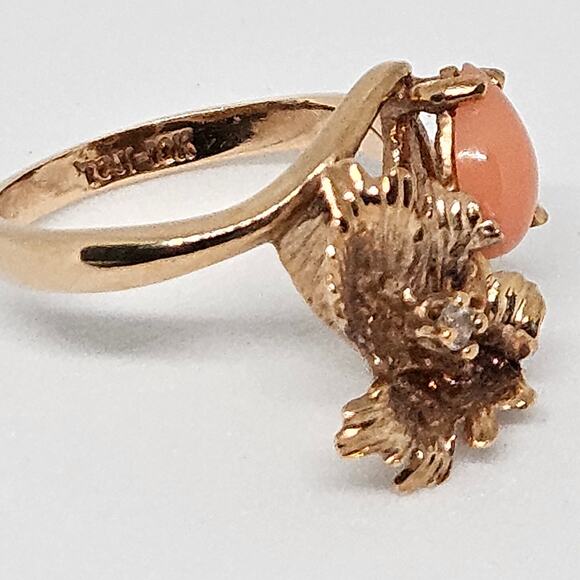 Art Nouveau Era 10K Yellow Gold Coral and White Sapphire Ring Size 6.5 - Picture 3 of 8